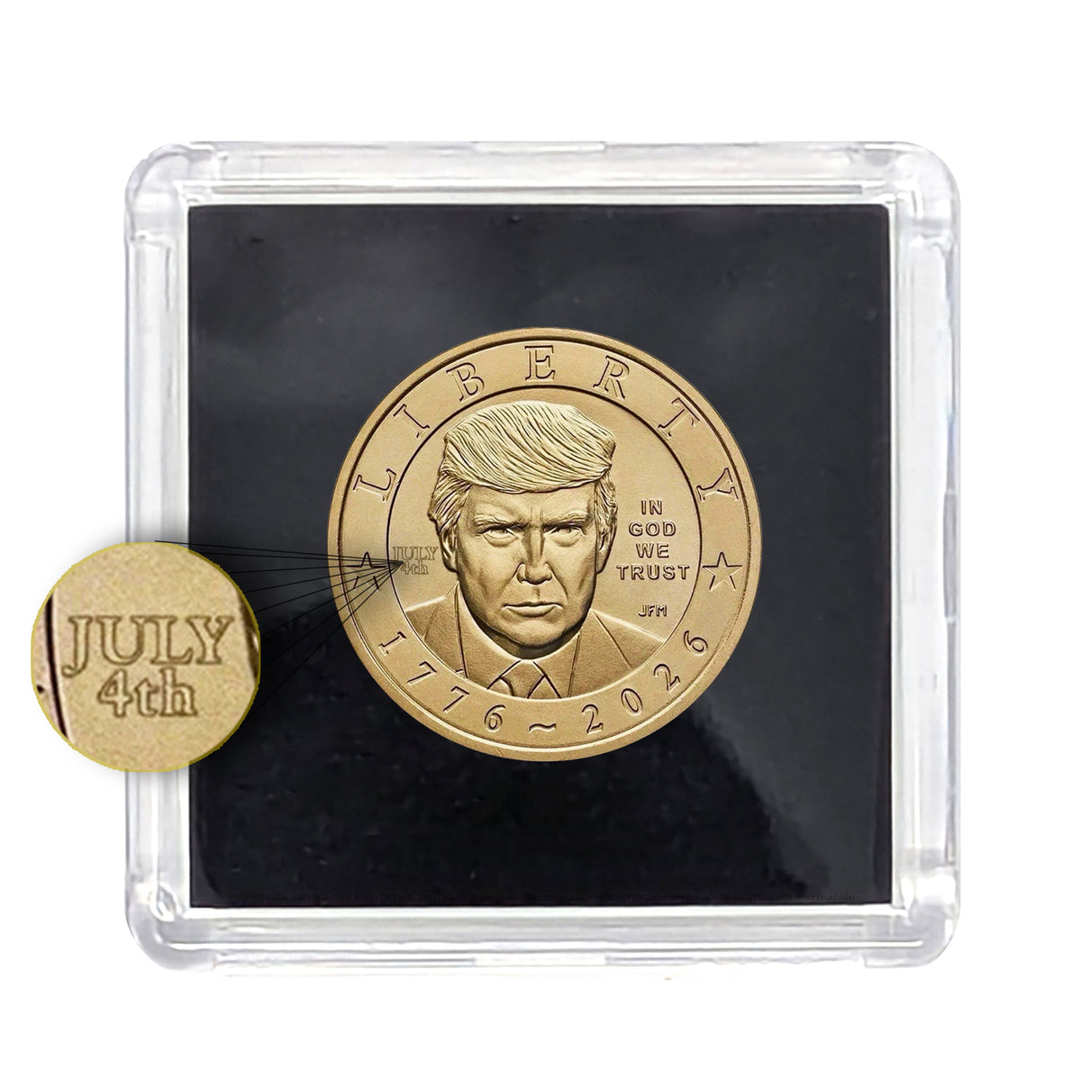 Presale! 2026 July 4th Privy Mark Donald Trump Semiquincentennial $1 Coin - U.S. Mint - Philadelphia (P) in Square Black Background Hard Plastic Display Case