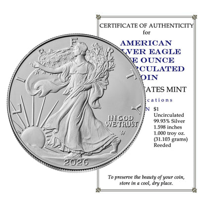 Presale! 2026 U.S. Silver Eagle with our Certificate of Authenticity