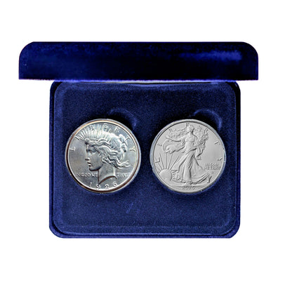 1926 Peace Dollar and 2026 Silver Eagle - 100 Year Silver Dollar 2-Coin Set in Specialty Felt Lined Blue Box