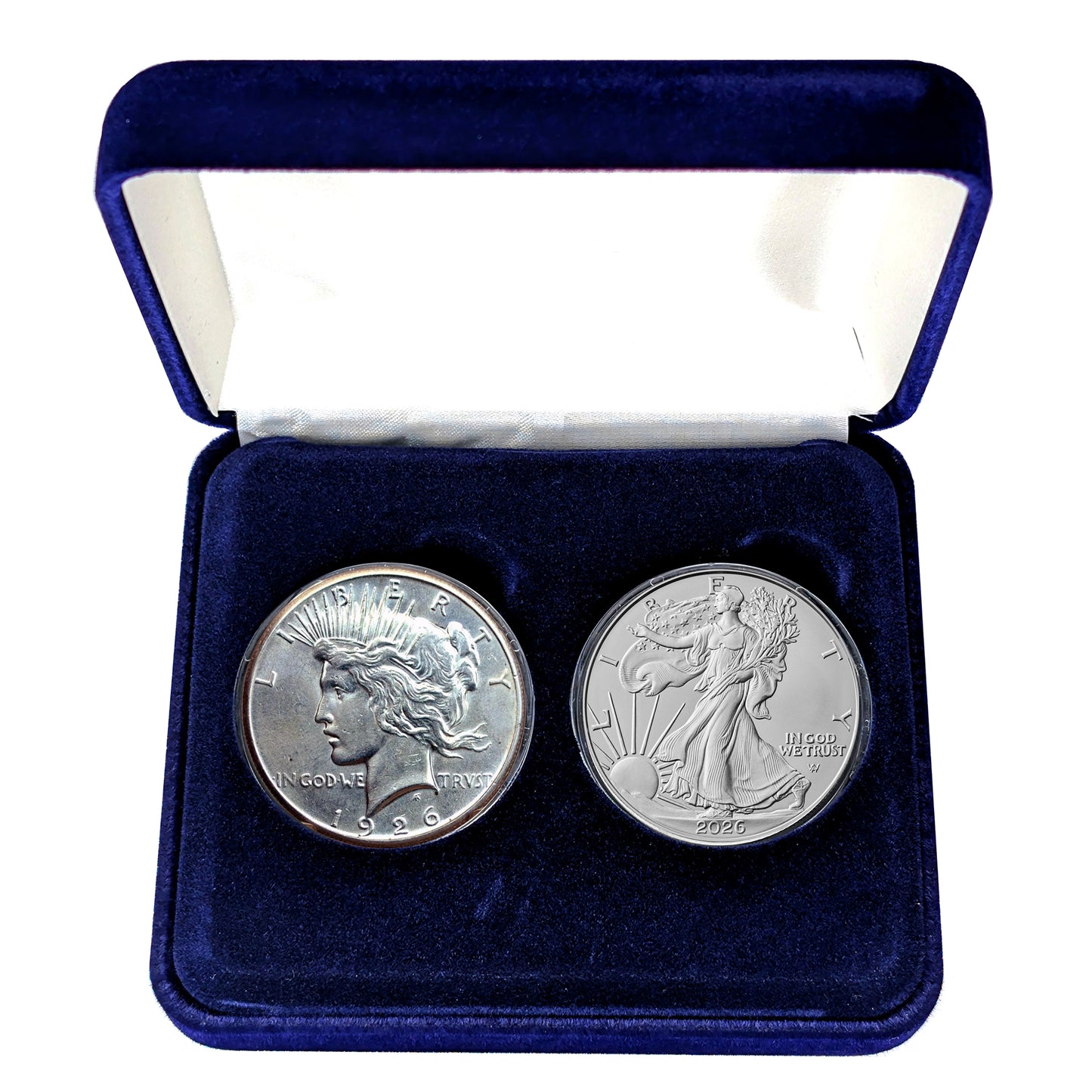 1926 Peace Dollar and 2026 Silver Eagle - 100 Year Silver Dollar 2-Coin Set in Specialty Felt Lined Blue Box