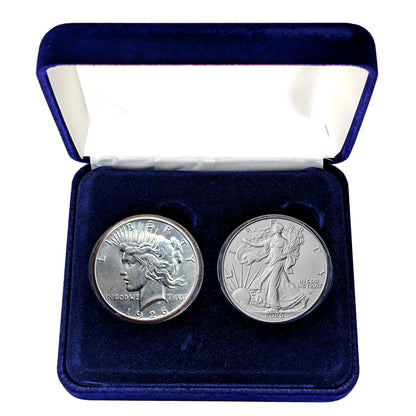 1926 Peace Dollar and 2026 Silver Eagle - 100 Year Silver Dollar 2-Coin Set in Specialty Felt Lined Blue Box