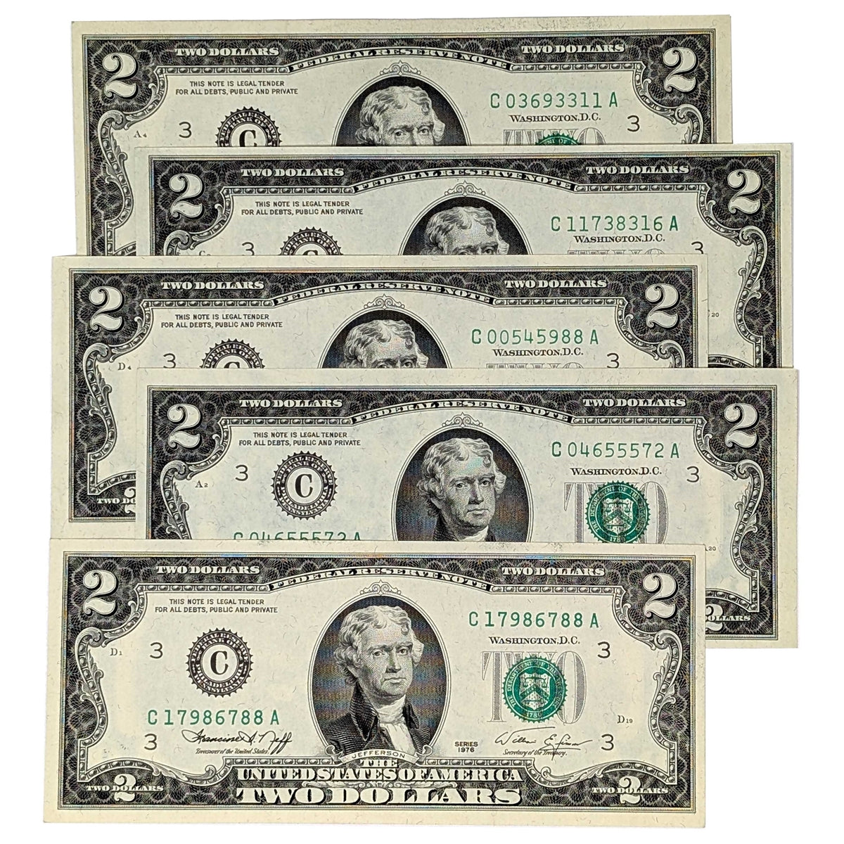 1976 $2 Bills from the Bicentennial Series Issue in Brilliant Uncirculated (BU) Condition- Set of 5 - Serial Numbers Will Vary