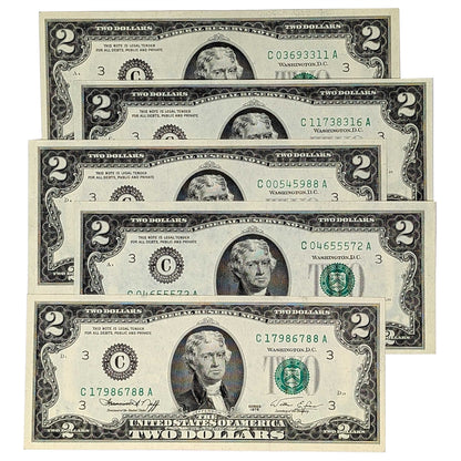 1976 $2 Bills from the Bicentennial Series Issue in Brilliant Uncirculated (BU) Condition- Set of 5 - Serial Numbers Will Vary