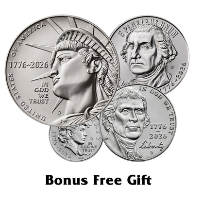 2026 D Mint 3 Roll Set - Nickel, Dime, and Half Dollar - 1776-2026 Dual Date Semiquincentennial Coinage Denver (D) Mint + Bonus 4 Coin Gift