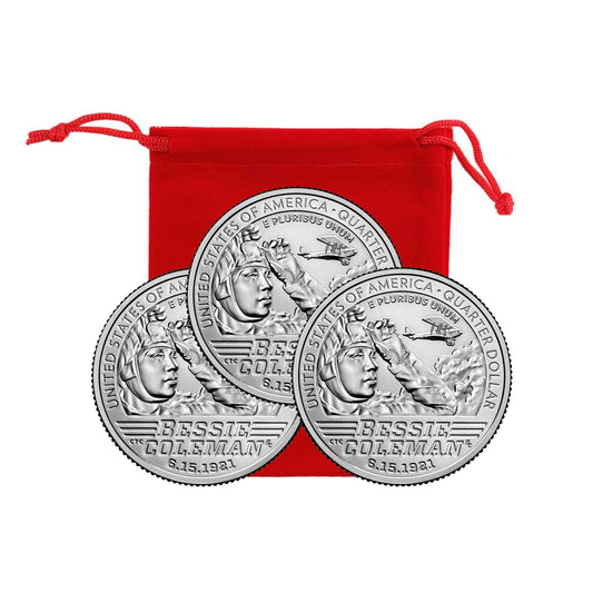 2023 - P, D, S Bessie Coleman, American Women Quarter Series 3 Coin Set in Red Velvet Bag