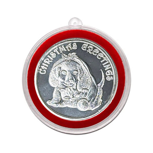 2025 Christmas Greetings Puppy and Kitten 1oz .999 Fine Silver Round in Ornament Holder