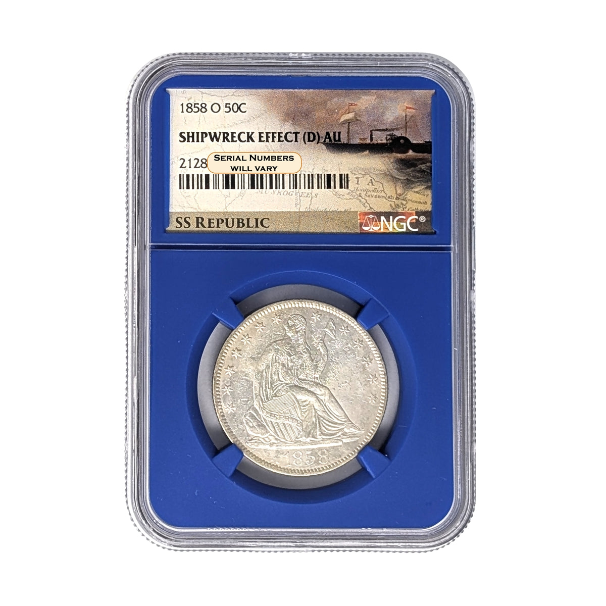 1858 O Seated Liberty Half Dollar NGC AU with Shipwreck Effect from the SS Republic