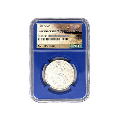 1858 O Seated Liberty Half Dollar NGC UNC with Shipwreck Effect from the SS Republic