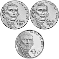 2025 P, D, and S Jefferson Nickel 3 Coin Full Set Including Proof- Uncirculated and Ultra Cameo
