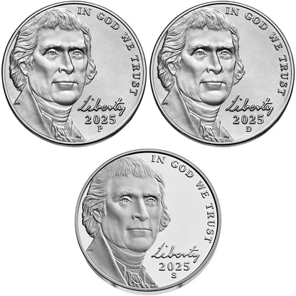 2025 P, D, and S Jefferson Nickel 3 Coin Full Set Including Proof- Uncirculated and Ultra Cameo