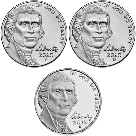 2025 P, D, and S Jefferson Nickel 3 Coin Full Set Including Proof- Uncirculated and Ultra Cameo