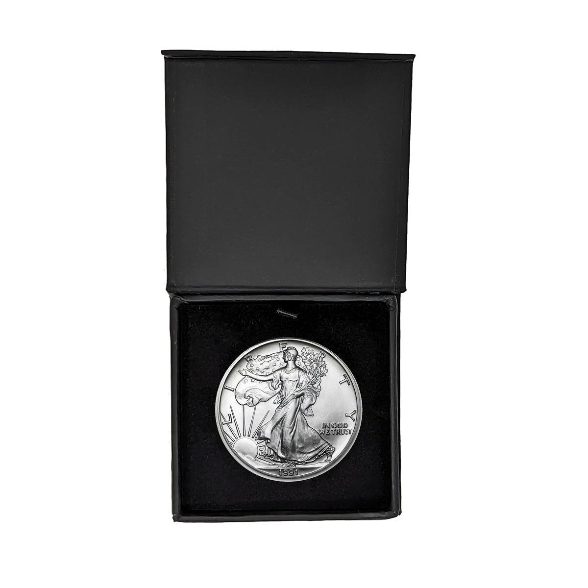 1991 American Silver Eagle in Air-Tite Holder with Black Magnetic Gift Box - Gem Brilliant Uncirculated