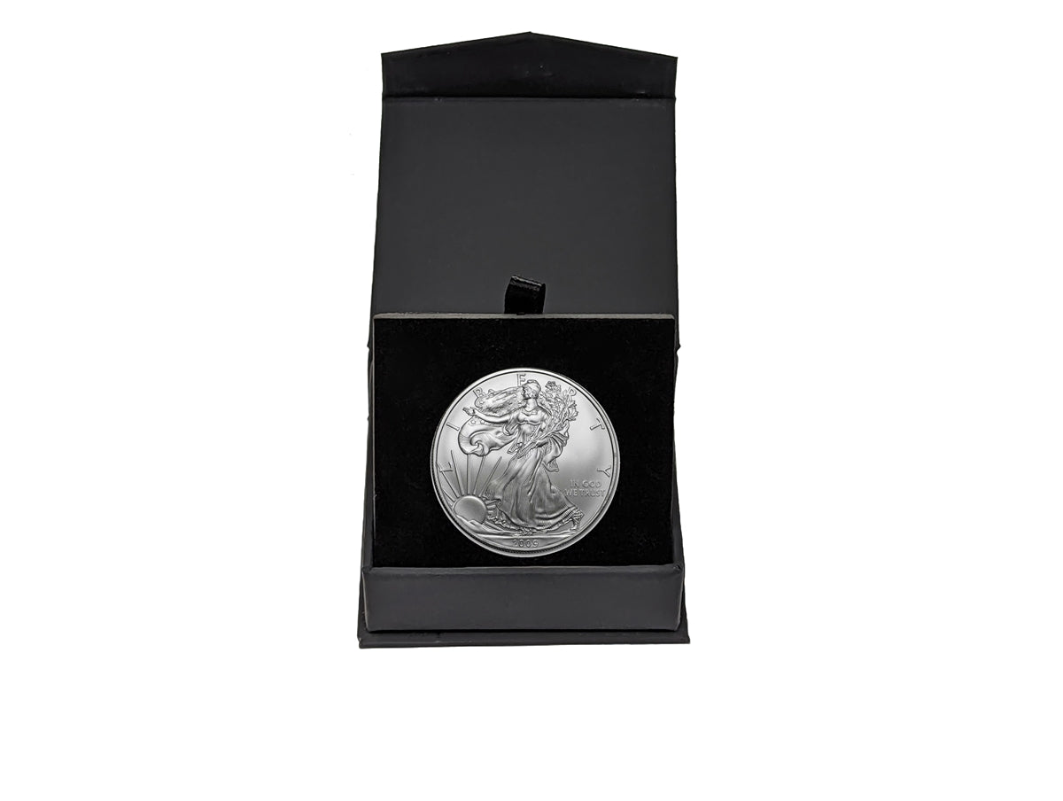 2009 U.S. Silver Eagle in Plastic Air Tite in Magnet Close Black Gift Box - Gem Brilliant Uncirculated