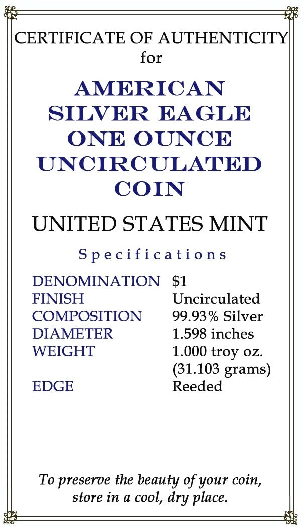 2019 U.S. Silver Eagle in Plastic Air-Tite Holder with Certificate of Authenticity