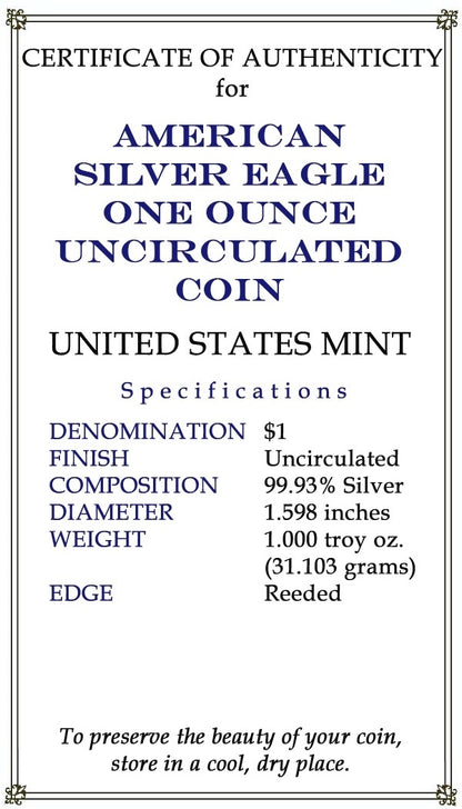 2019 U.S. Silver Eagle in Plastic Air-Tite Holder with Certificate of Authenticity