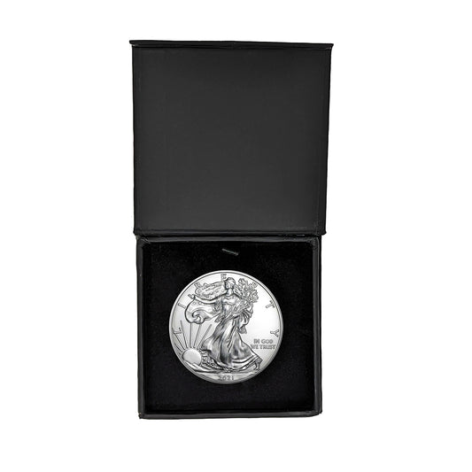 2021 U.S. Silver Eagle in Plastic Air Tite in Magnet Close Black Gift Box - Gem Brilliant Uncirculated