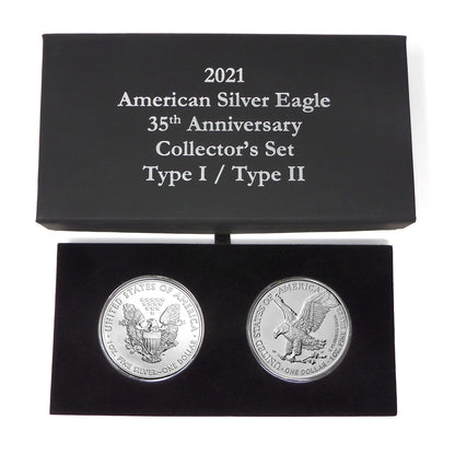 2021 U.S. Silver Eagle Type 1 and Type 2 (New Reverse) in Plastic Air in Specialty Anniversary Box