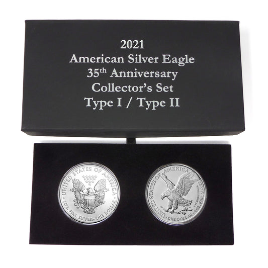 2021 U.S. Silver Eagle Type 1 and Type 2 (New Reverse) in Plastic Air in Specialty Anniversary Box