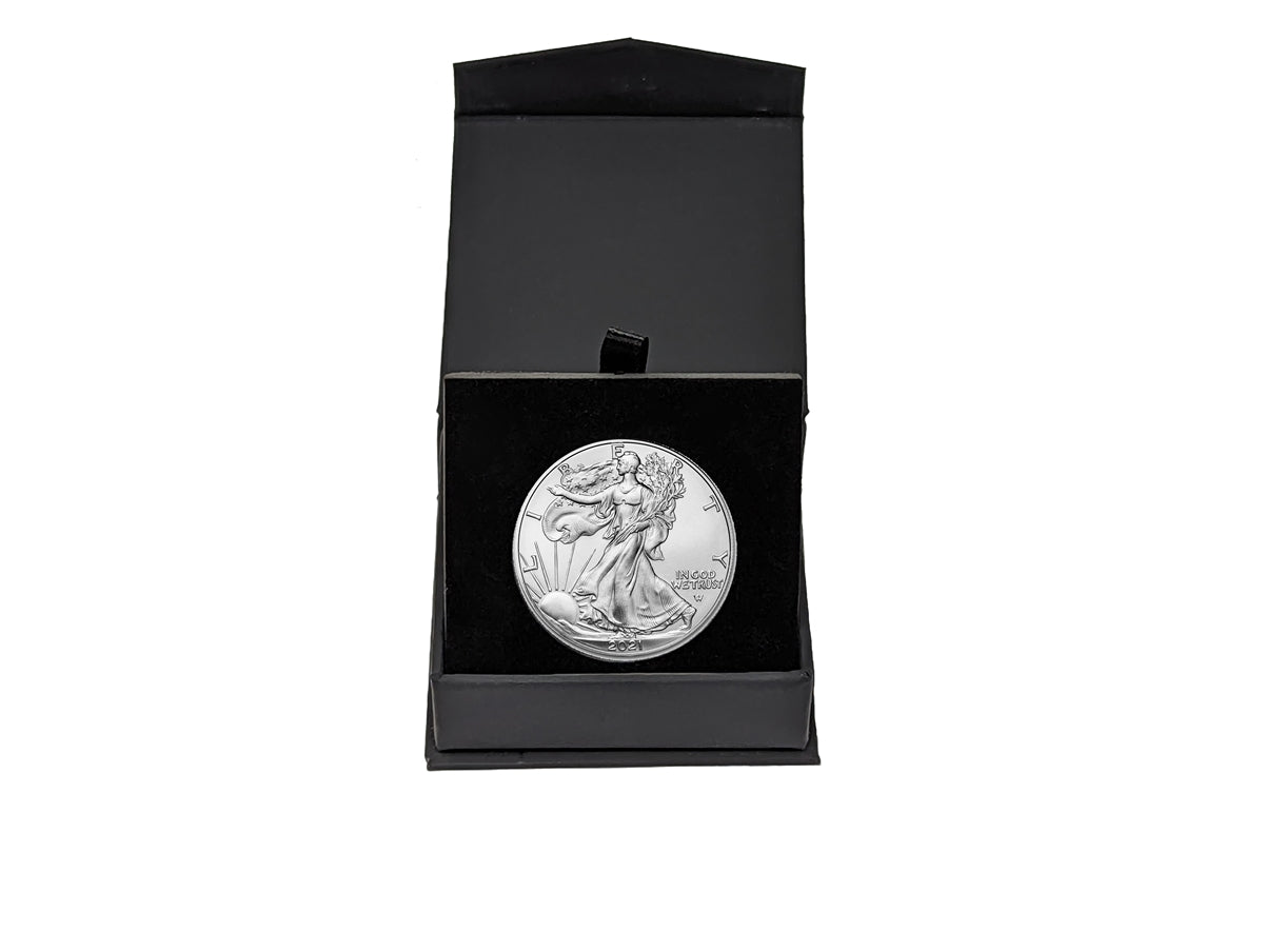 2021 U.S. Silver Eagle Type 2 (New Reverse) in Plastic Air Tite in Magnet Close Black Gift Box - Gem Brilliant Uncirculated