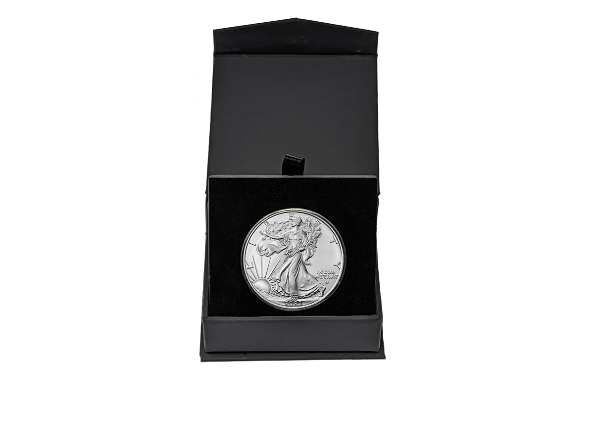 2023 U.S. Silver Eagle in Plastic Air Tite in Magnet Close Black Gift Box - Gem Brilliant Uncirculated