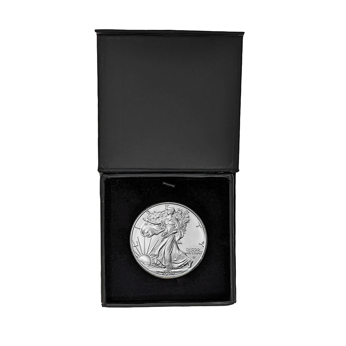 2025 U.S. Silver Eagle in Plastic Air Tite in Magnet Close Black Gift Box - Gem Brilliant Uncirculated