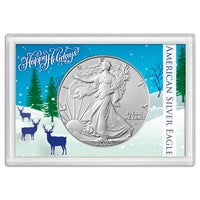 2025 American 1 oz Brilliant Uncirculated Silver Eagle in Happy Holidays Snowy Scene with Reindeer Holder