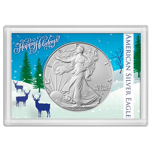 2025 American 1 oz Brilliant Uncirculated Silver Eagle in Happy Holidays Snowy Scene with Reindeer Holder