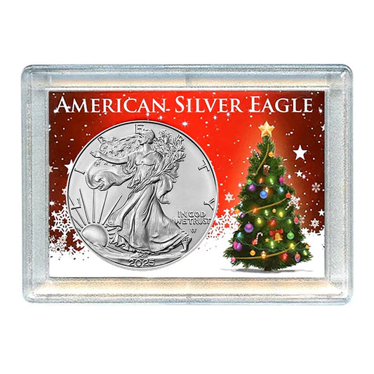2025 American 1 oz Brilliant Uncirculated Silver Eagle in Christmas Tree Design Holiday Holder