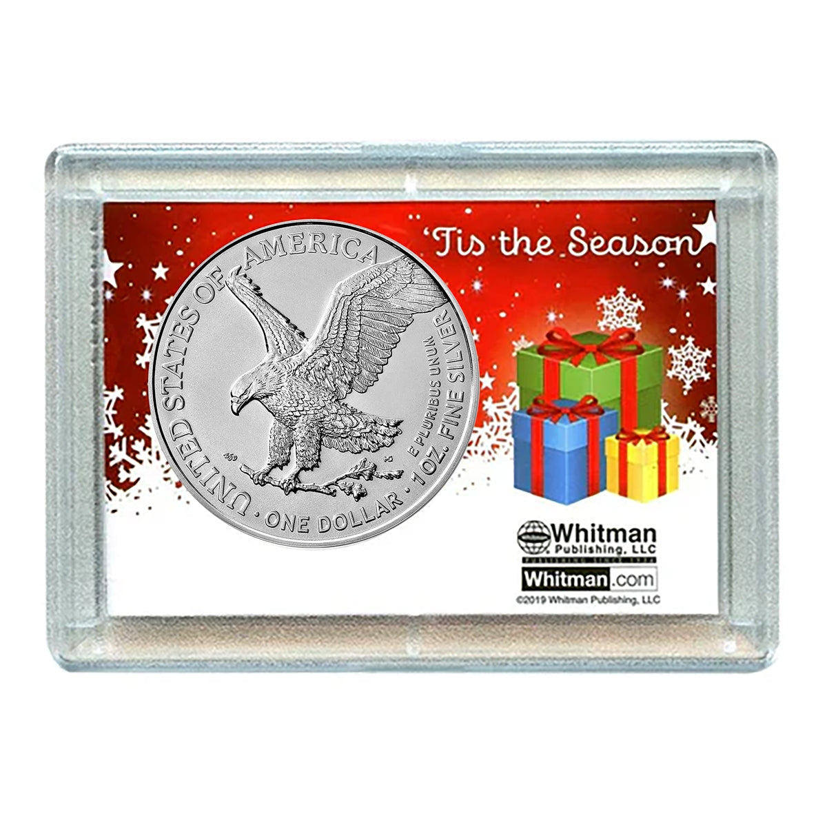 2025 American 1 oz Brilliant Uncirculated Silver Eagle in Christmas Tree Design Holiday Holder
