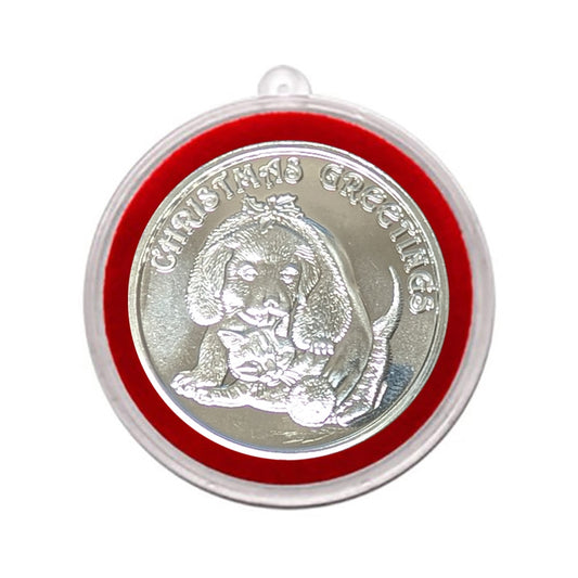 2025 Christmas Greetings Puppy and Kitten 1oz .999 Fine Silver Round in Ornament Holder