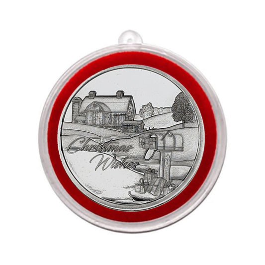 2025 Christmas Wishes Barn and Packages Scene 1oz .999 Silver Round in Ornament Holder
