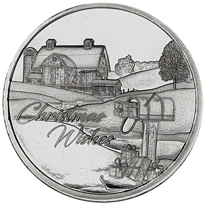 2025 Christmas Wishes Barn and Packages Scene 1oz .999 Silver Round in Ornament Holder