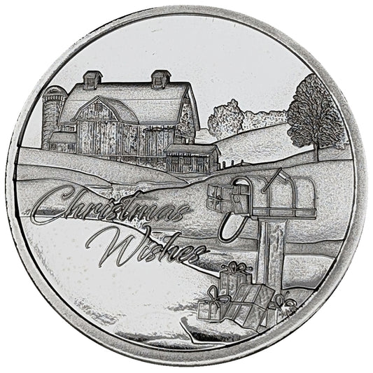 2025 Christmas Wishes Barn and Packages Scene 1oz .999 Silver Round in Ornament Holder