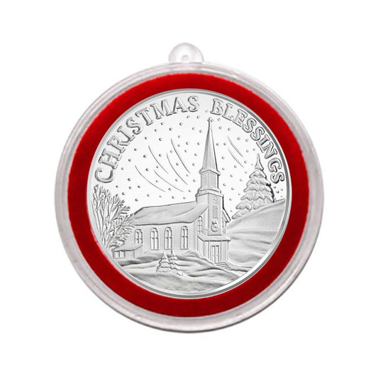 2025 Christmas Blessings with Church Scene 1oz .999 Fine Silver Round in Ornament Holder