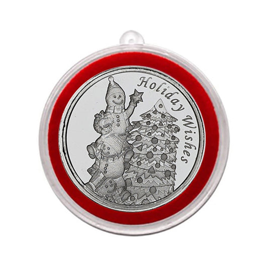 Holiday Wishes Snowmen Decorating Tree 1oz .999 Silver Round in Ornament Holder