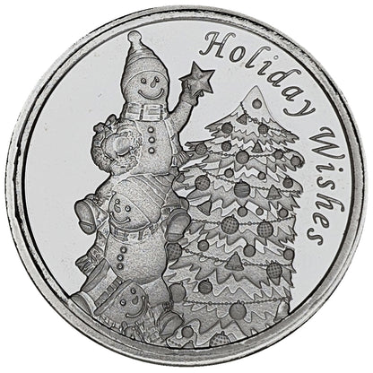 Holiday Wishes Snowmen Decorating Tree 1oz .999 Silver Round in Ornament Holder