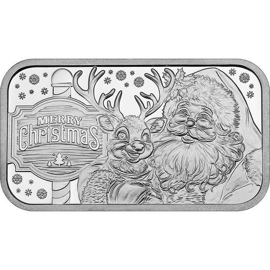 2026 Merry Christmas Santa and Reindeer Hugs 1oz .999 Silver Bar in Ornament Holder