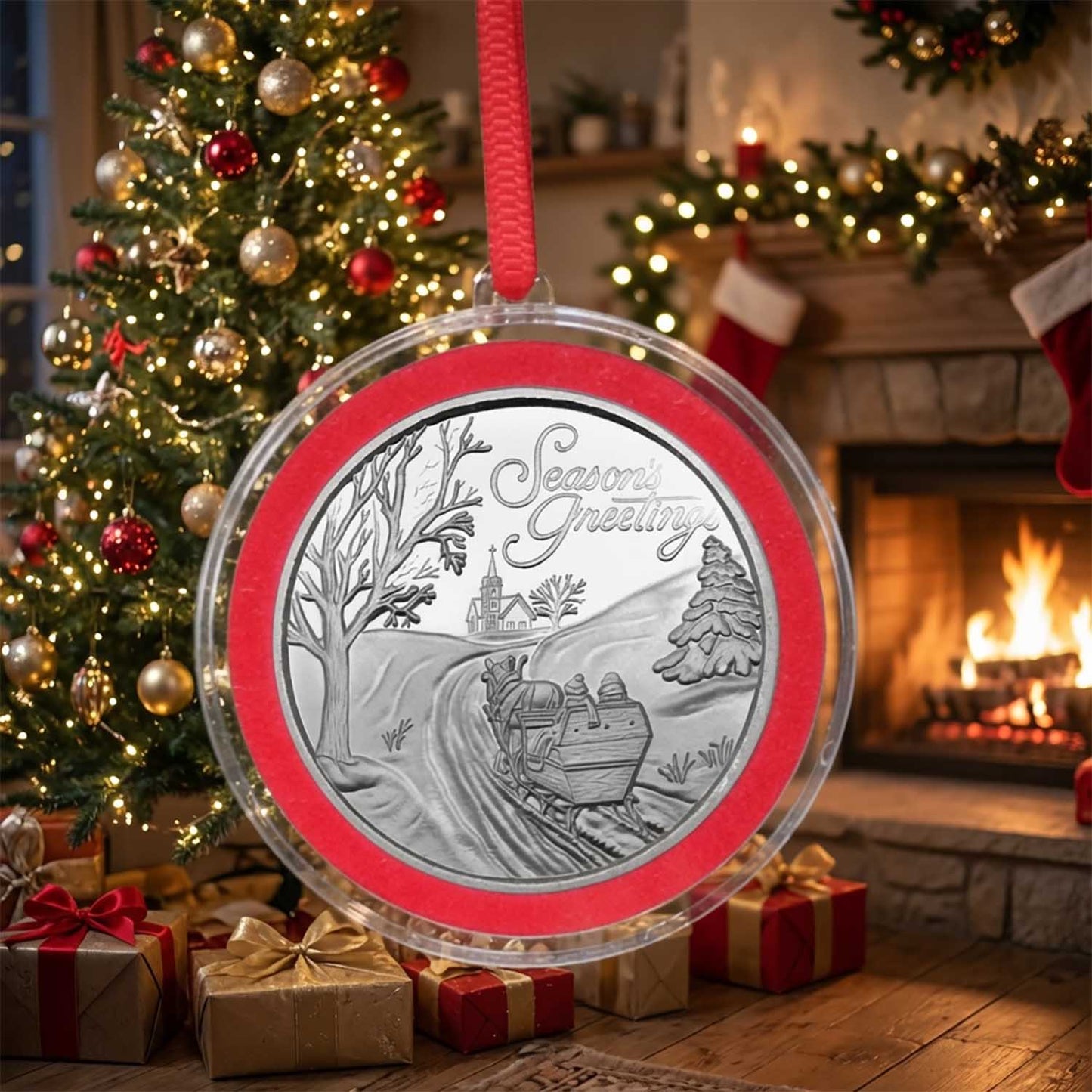 2026 Season's Greetings Sleigh Ride to Church 1oz .999 Silver Medallion in Ornament Holder