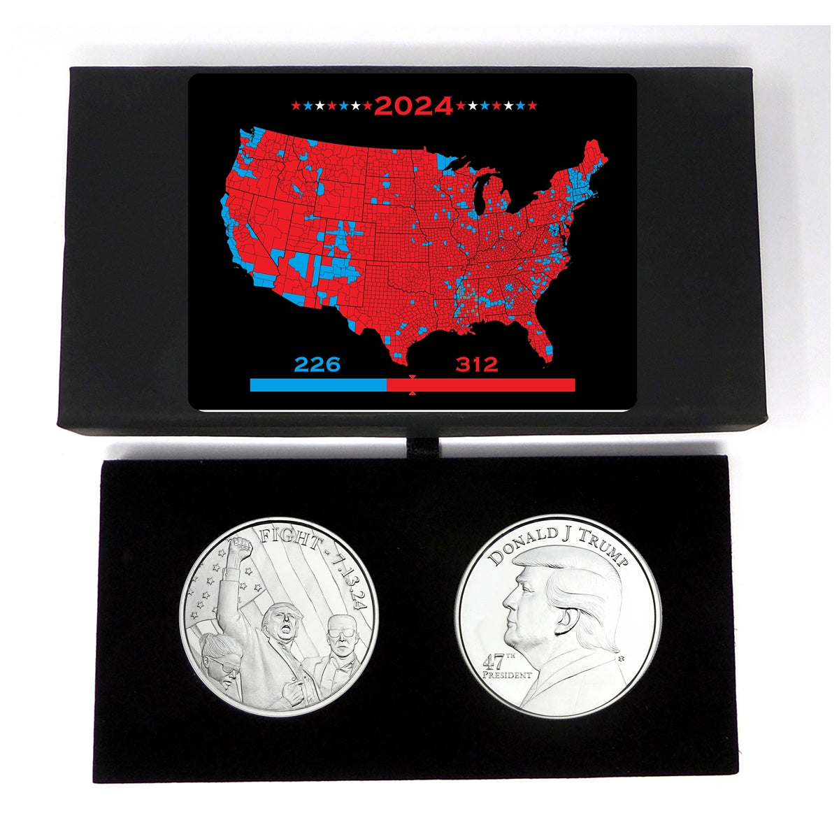 President Trump 2 Coin Fight and 47th President 1oz .999 Silver Coins in Black Velvet Lined Gift Box