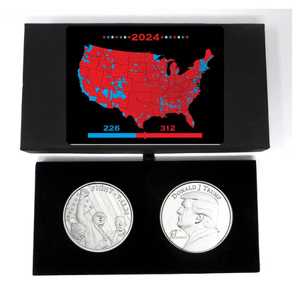 President Trump 2 Coin Fight and 47th President 1oz .999 Silver Coins in Black Velvet Lined Gift Box