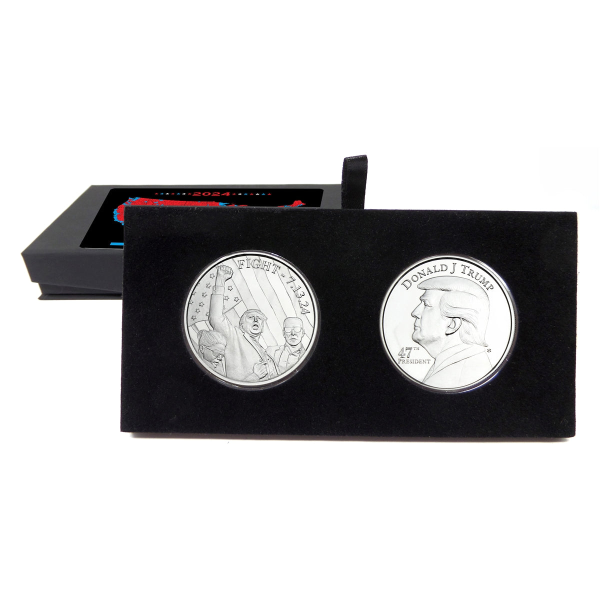 President Trump 2 Coin Fight and 47th President 1oz .999 Silver Coins in Black Velvet Lined Gift Box