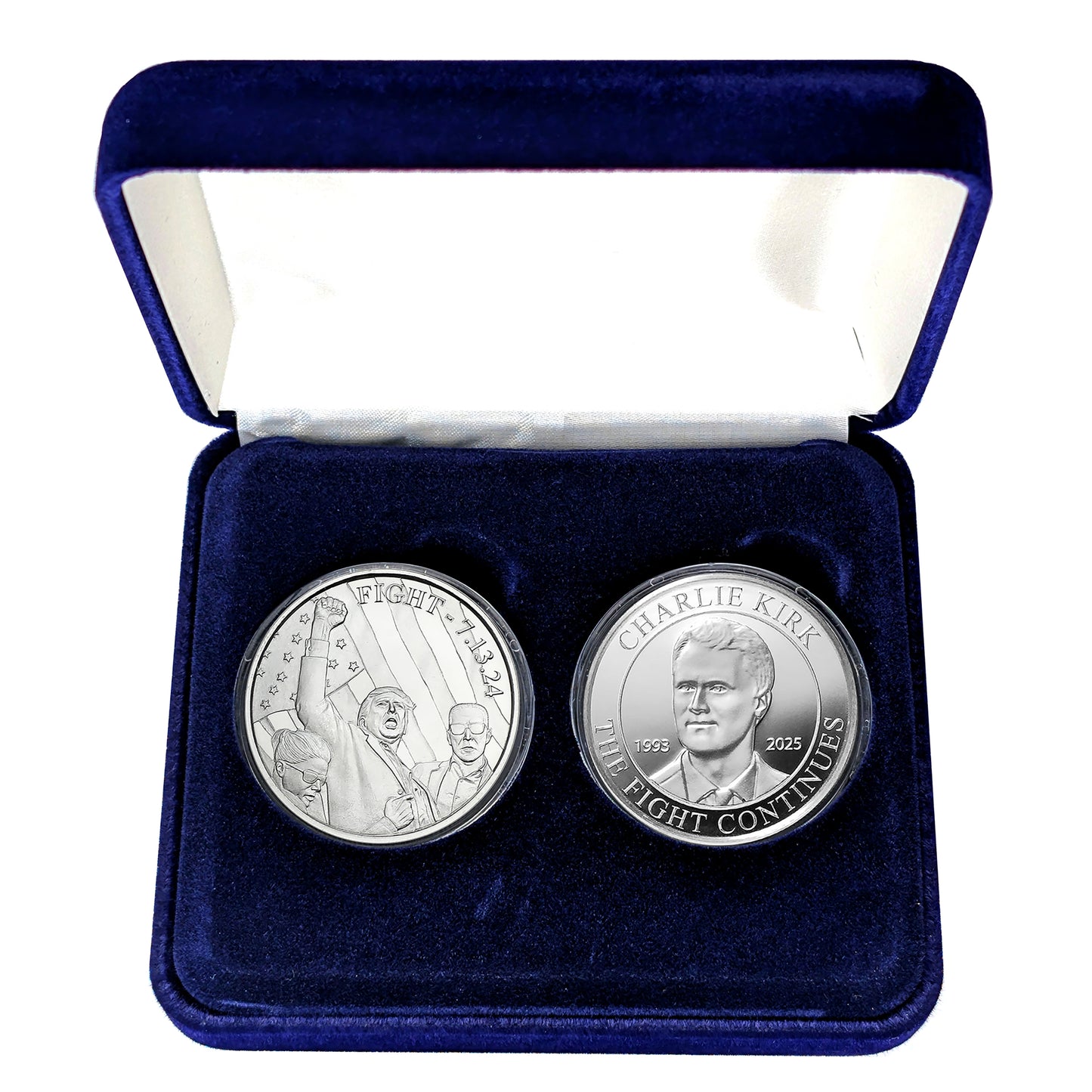 2 Coin Set - Charlie Kirk "The Fight Continues" and Trump "Fight 7.13.24." - 1 Ounce Silver Rounds - in Blue Velvet Lined Snap Close Gift Box
