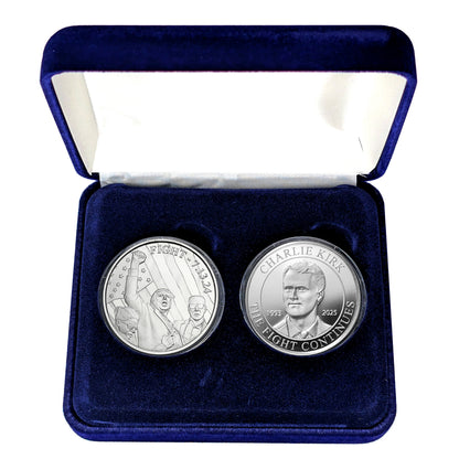 2 Coin Set - Charlie Kirk "The Fight Continues" and Trump "Fight 7.13.24." - 1 Ounce Silver Rounds - in Blue Velvet Lined Snap Close Gift Box
