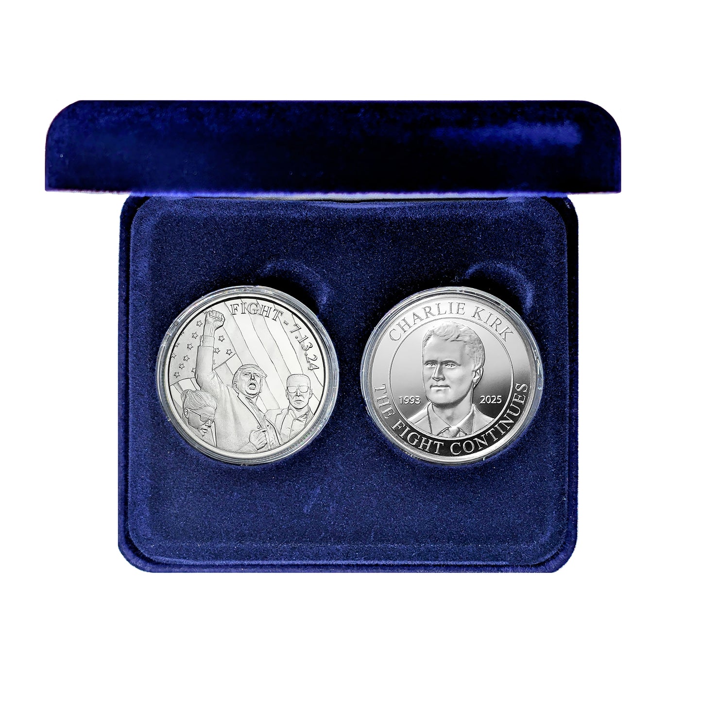 2 Coin Set - Charlie Kirk "The Fight Continues" and Trump "Fight 7.13.24." - 1 Ounce Silver Rounds - in Blue Velvet Lined Snap Close Gift Box