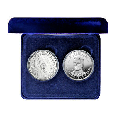 2 Coin Set - Charlie Kirk "The Fight Continues" and Trump "Fight 7.13.24." - 1 Ounce Silver Rounds - in Blue Velvet Lined Snap Close Gift Box