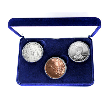 Silver and Copper 3 Coin Set - Charlie Kirk "The Fight Continues" and Trump "Fight" - 1 Ounce Silver Rounds and Trump Mug Shot Copper Round - in Blue Velvet Lined Snap Close Gift Box