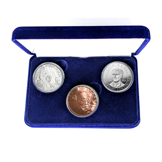 Silver and Copper 3 Coin Set - Charlie Kirk "The Fight Continues" and Trump "Fight" - 1 Ounce Silver Rounds and Trump Mug Shot Copper Round - in Blue Velvet Lined Snap Close Gift Box
