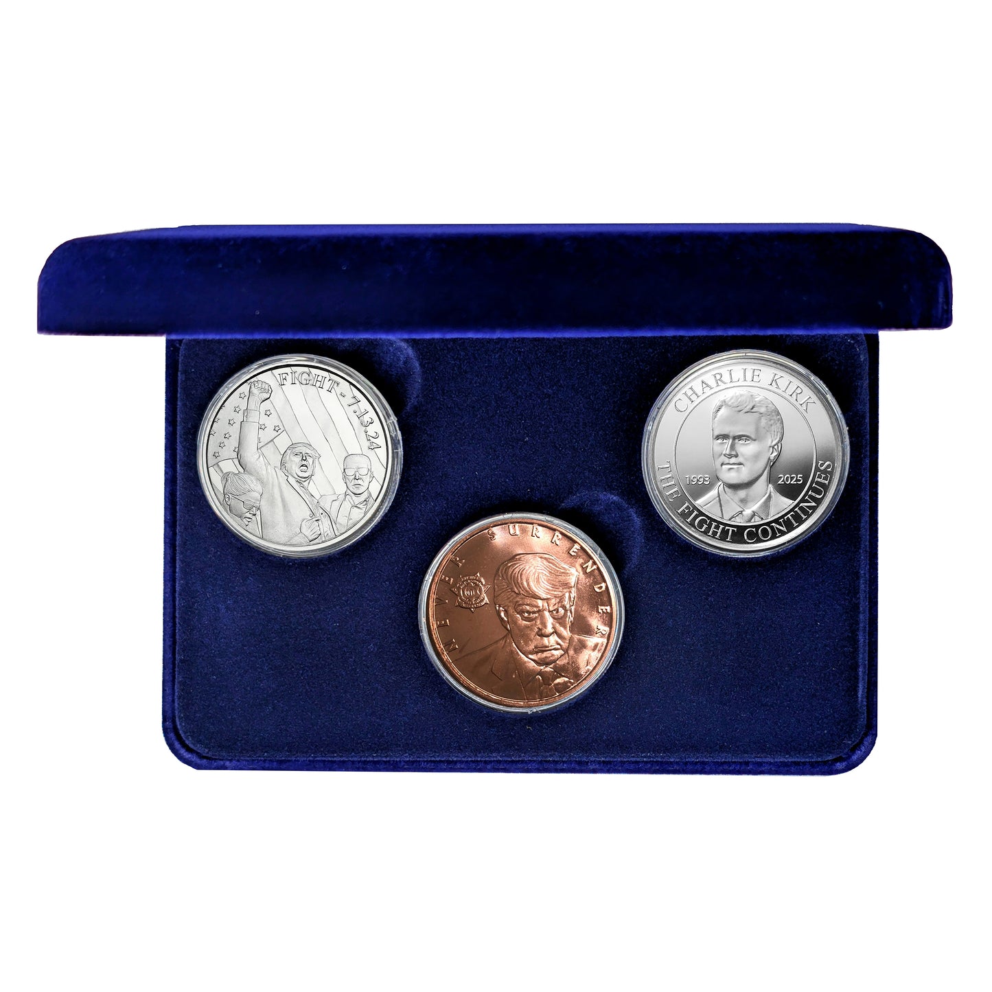 Silver and Copper 3 Coin Set - Charlie Kirk "The Fight Continues" and Trump "Fight" - 1 Ounce Silver Rounds and Trump Mug Shot Copper Round - in Blue Velvet Lined Snap Close Gift Box