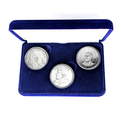 3 Silver Coin Set - Charlie Kirk "The Fight Continues" and Trump "Fight" and Trump "47" - 1 Ounce Silver Rounds - in Blue Velvet Lined Snap Close Gift Box
