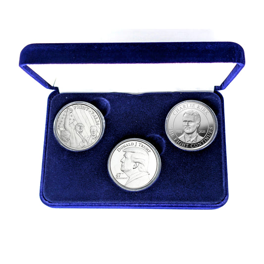 3 Silver Coin Set - Charlie Kirk "The Fight Continues" and Trump "Fight" and Trump "47" - 1 Ounce Silver Rounds - in Blue Velvet Lined Snap Close Gift Box